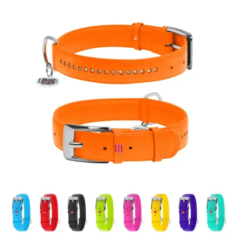 Нашийник для собак шкіряний WAUDOG Glamour з QR паспортом, подвійний зі стразами, Ш 35 мм, Дов 46-60 см помаранчевий купити за ціною ₴973.80