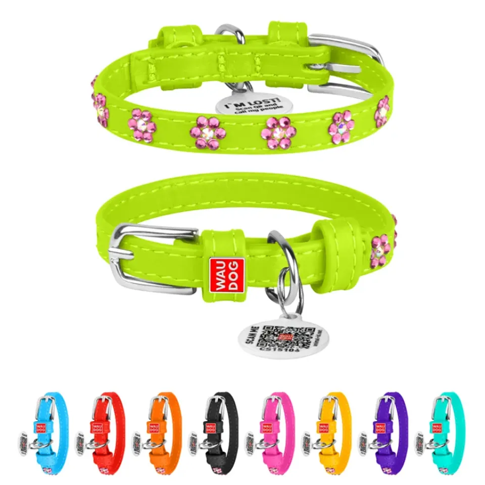 Фото Нашийник для собак шкіряний WAUDOG Glamour з QR паспортом, з клейовими стразами "Квіти", Ш 9 мм, Дов 18-21 см салатовий купити за ціною ₴259.20