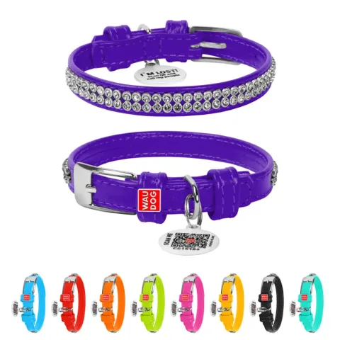 Нашийник для собак шкіряний WAUDOG Glamour з QR паспортом, з прикрасою "Полотно стрази", Ш 9 мм, Дов 18-21 см фіолетовий купити за ціною ₴198.00