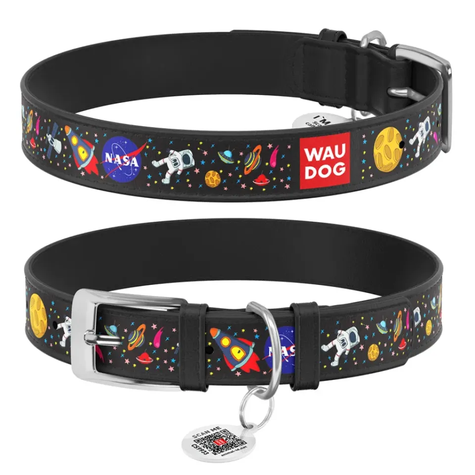 Фото Нашийник для собак шкіряний WAUDOG Design з QR паспортом, малюнок "NASA", Ш 12 мм, Дов 18-24 см, чорний купити за ціною ₴206.00