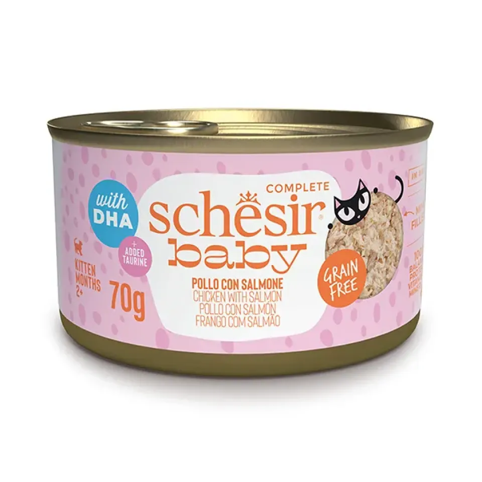 Фото Schesir Ваву Chicken With Salmon ШЕЗІР КУРКА З ЛОСОСЕМ в бульйоні натуральні консерви для кошенят, банка 70 г купити за ціною ₴114.00