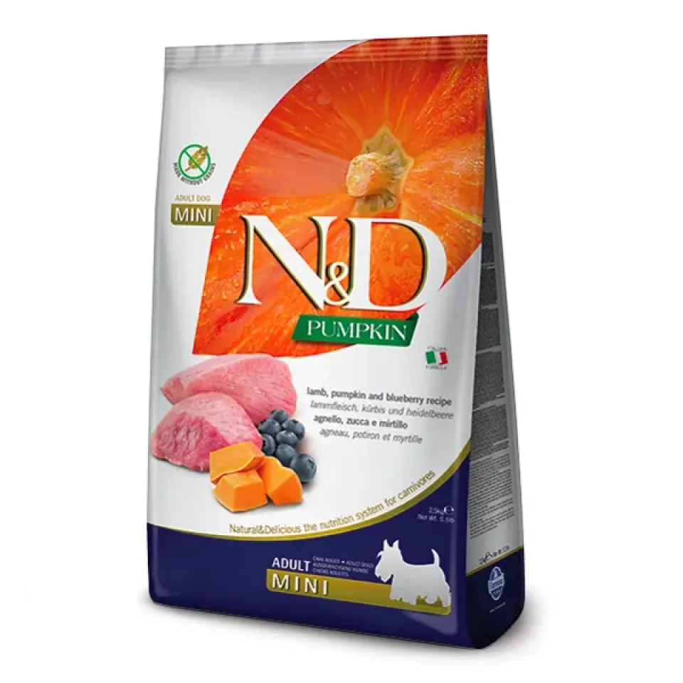 Фото Корм для собак Фарміна з ягням N&D Grain Free PUMPKIN LAMB & BLUEBERRY ADULT MINI 800 gr 11 купити за ціною ₴555.00