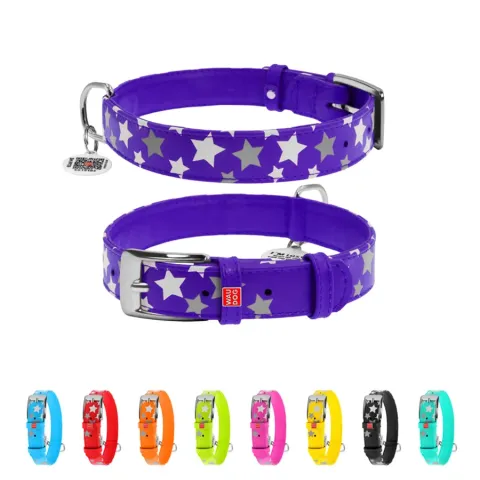 Нашийник для собак шкіряний WAUDOG Glamour з QR паспортом, візерунок "Зірочка", світонакоплювальний, Ш 25 мм, Дов 38-49 см фіолетовий купити за ціною ₴690.30