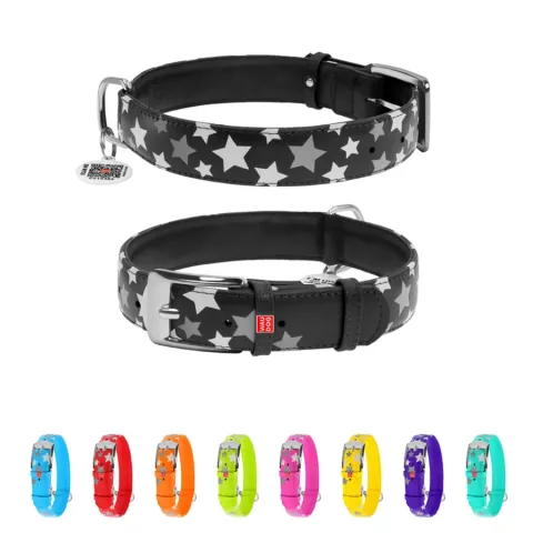 Нашийник для собак шкіряний WAUDOG Glamour з QR паспортом, візерунок "Зірочка", світонакоплювальний, Ш 35 мм, Дов 46-60 см чорний купити за ціною ₴1002.60