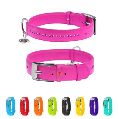 Нашийник для собак шкіряний WAUDOG Glamour з QR паспортом, подвійний зі стразами, Ш 35 мм, Дов 46-60 см рожевий купити за ціною ₴973.80