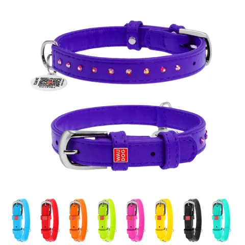 Нашийник для собак шкіряний WAUDOG Glamour з QR паспортом, з клейовими стразами, Ш 12 мм, Дов 21-29 см фіолетовий купити за ціною ₴289.80