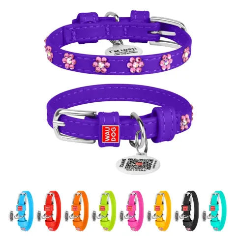 Нашийник для собак шкіряний WAUDOG Glamour з QR паспортом, з клейовими стразами "Квіти", Ш 9 мм, Дов 18-21 см фіолетовий купити за ціною ₴259.20