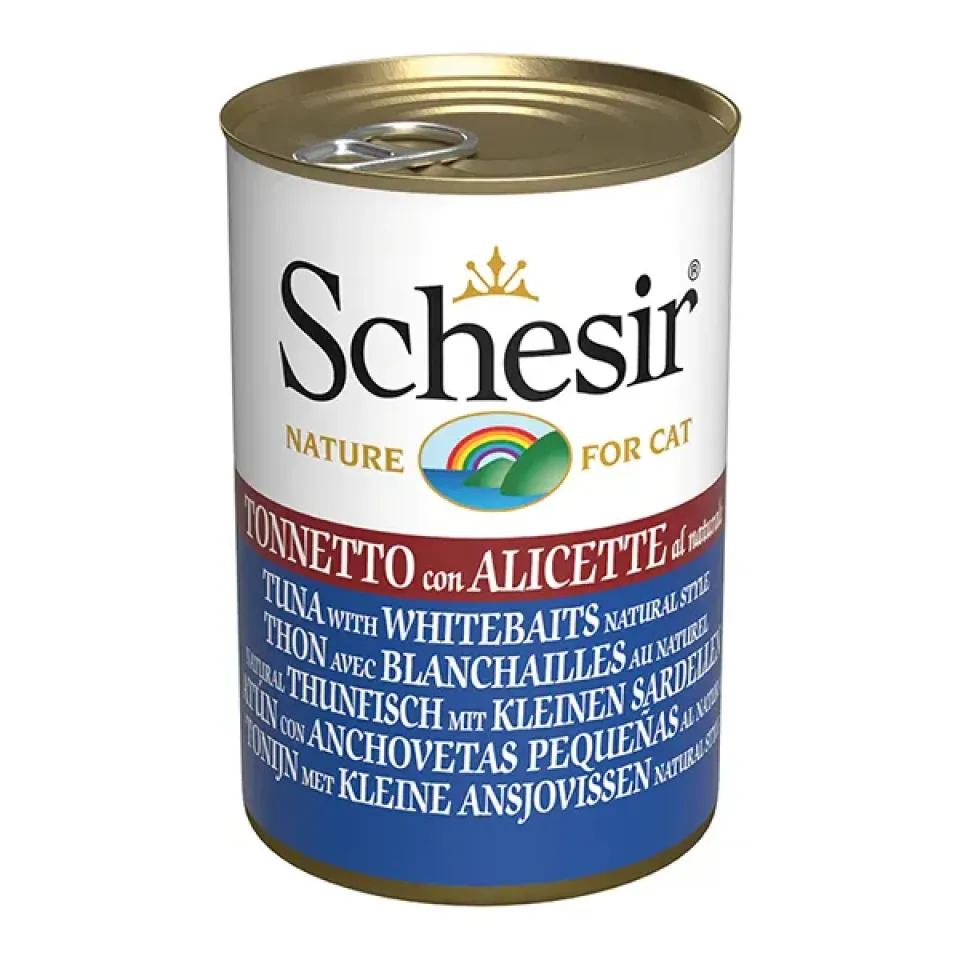 Фото Schesir Tuna with Whitebaits ШЕЗІР ТУНЕЦЬ З АНЧОУСАМИ в бульйоні натуральні консерви для котів, вологий корм, банка 140 г купити за ціною ₴170.00