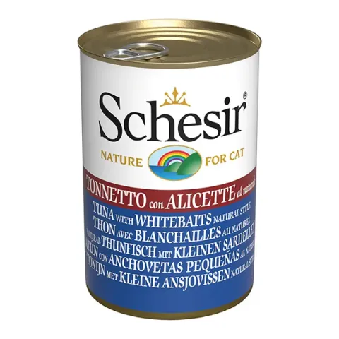 Schesir Tuna with Whitebaits ШЕЗІР ТУНЕЦЬ З АНЧОУСАМИ в бульйоні натуральні консерви для котів, вологий корм, банка 140 г купити за ціною ₴152.00