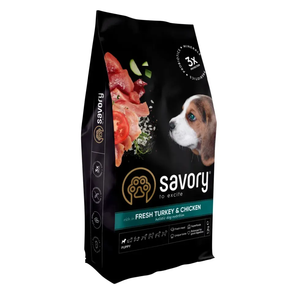 Фото Корм Savory Puppy rich in Fresh Turkey & Chicken сухий для цуценят усіх порід зі свіжою індичкою і куркою 12кг купити за ціною ₴4345.00
