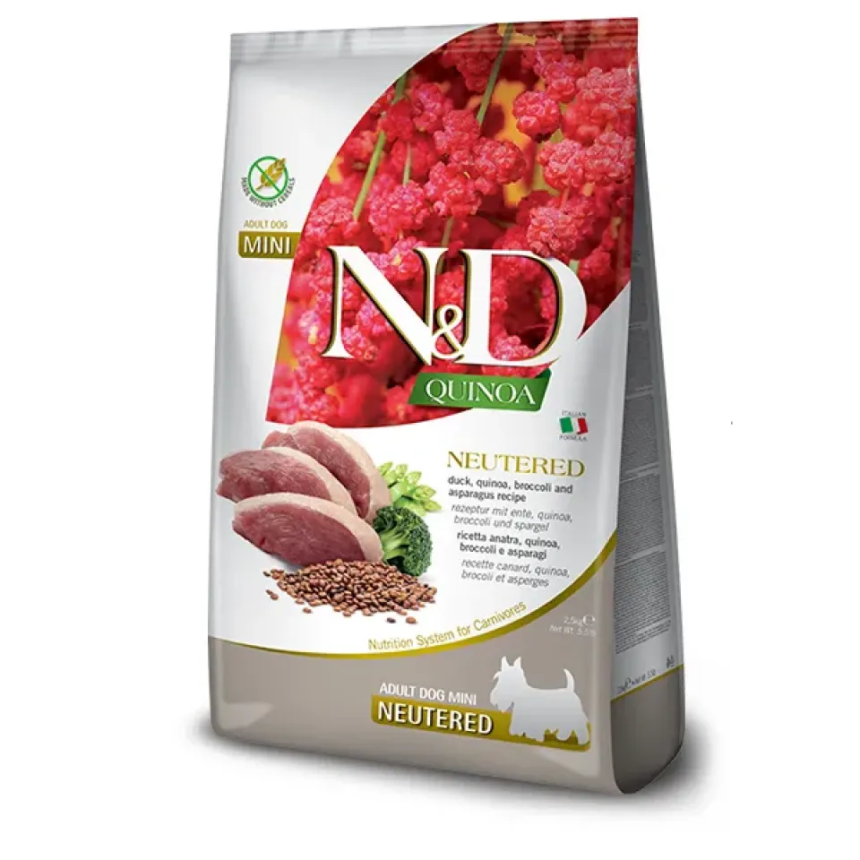 Фото Фарміна для стерилізованих / кастрованих собак міні порід N&D QUINOA DUCK, BROCCOLI & ASPARAGUS NEUTERED з качкою, 2,5кг купити за ціною ₴1654.00