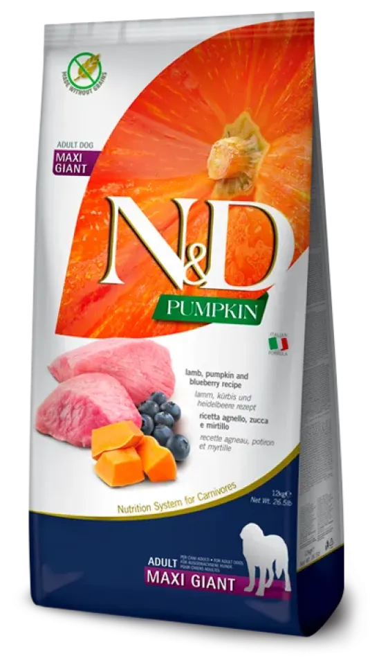 Фото Фарміна сухий корм для собак гіганських порід N&D Grain Free PUMPKIN LAMB & BLUEBERRY ADULT GIANT MAXI, 12 kg купити за ціною ₴4597.00