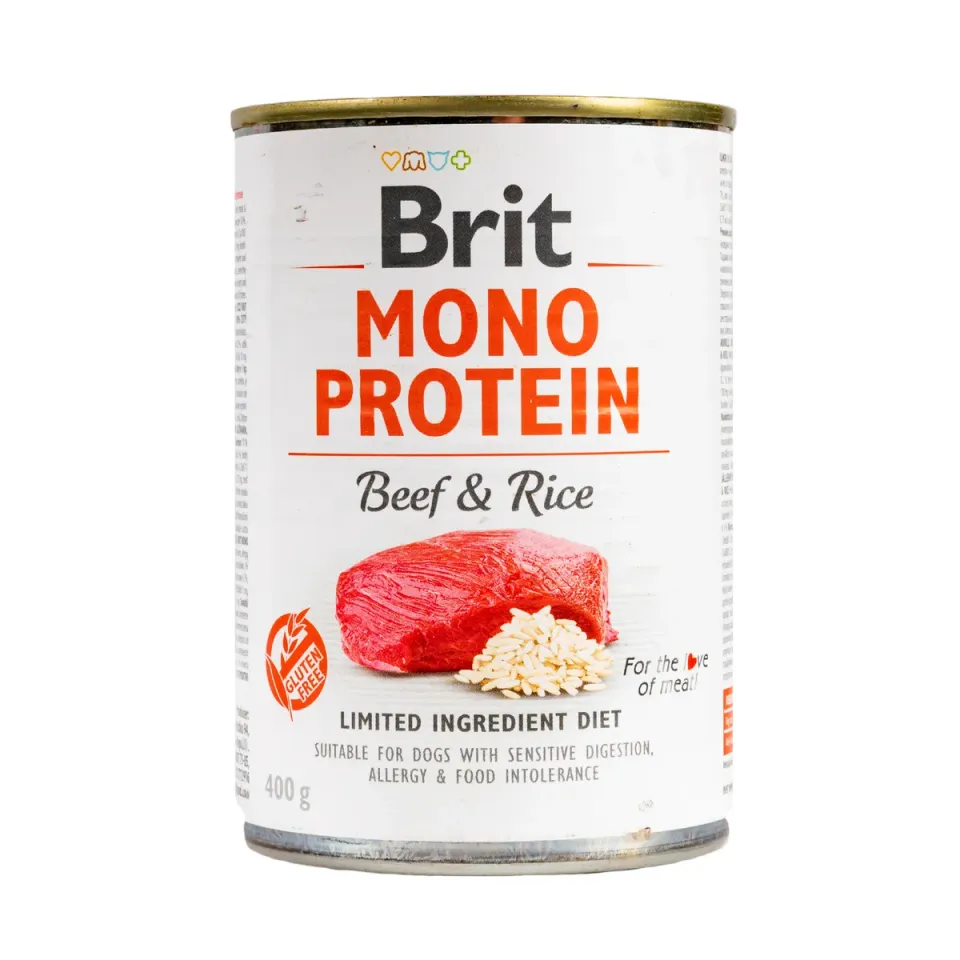 Фото Бріт Кеа монопротеїн для собак вологий  Корм Brit Care Mono Protein Dog з яловичиною та темним рисом 400г купити за ціною ₴189.00