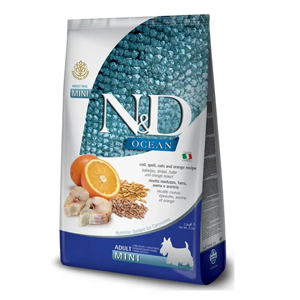 Фото Корм для собак Фарміна N&D Low Grain Ocean ADULT MINI з тріскою та апельсином купити за ціною ₴540.00