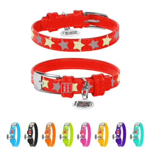 Нашийник для собак шкіряний WAUDOG Glamour з QR паспортом, візерунок "Зірочка", світонакоплювальний, Ш 12 мм, Дов 21-29 см червоний купити за ціною ₴262.80