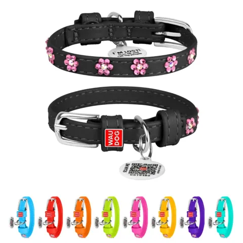 Нашийник для собак шкіряний WAUDOG Glamour з QR паспортом, з клейовими стразами "Квіти", Ш 9 мм, Дов 18-21 см чорний купити за ціною ₴259.20