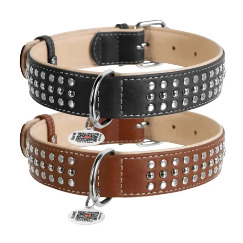 Нашийник для собак шкіряний WAUDOG Soft з QR паспортом, металічні прикраси, Ш 35 мм, Дов 46-60 см коричневий купити за ціною ₴1057.50