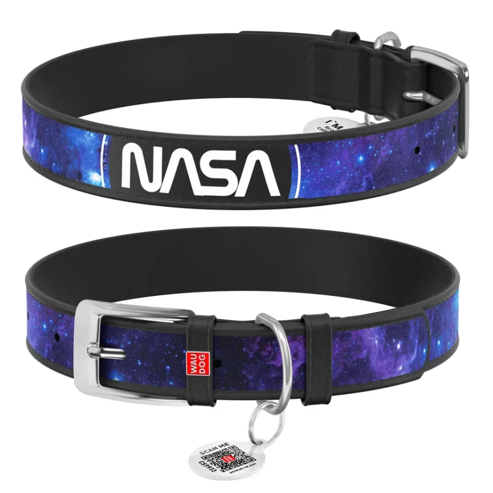 Фото Нашийник для собак шкіряний WAUDOG Design з QR паспортом, малюнок "NASA21", L, Ш 35 мм, Д 46-59 см, чорний купити за ціною ₴977.00