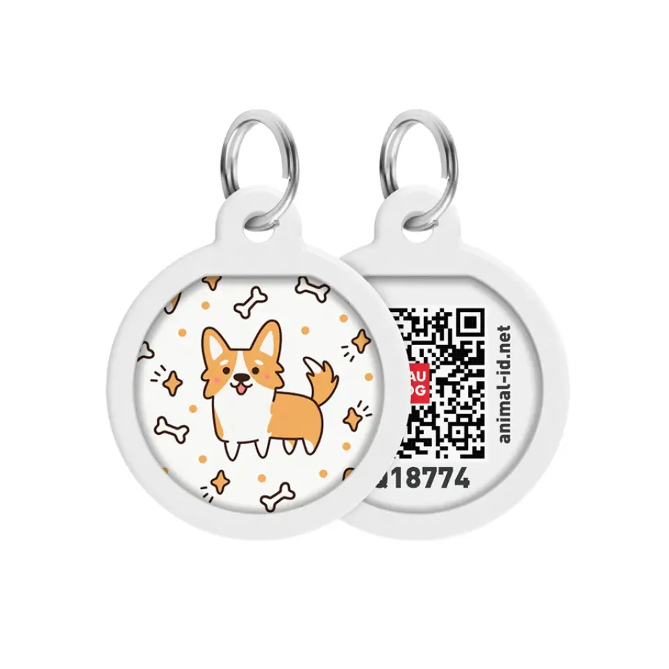 Фото Адресник для собак та котів металічний WAUDOG Smart ID з QR паспортом, малюнок "Коргі", круг, Д 25 мм купити за ціною ₴165.00