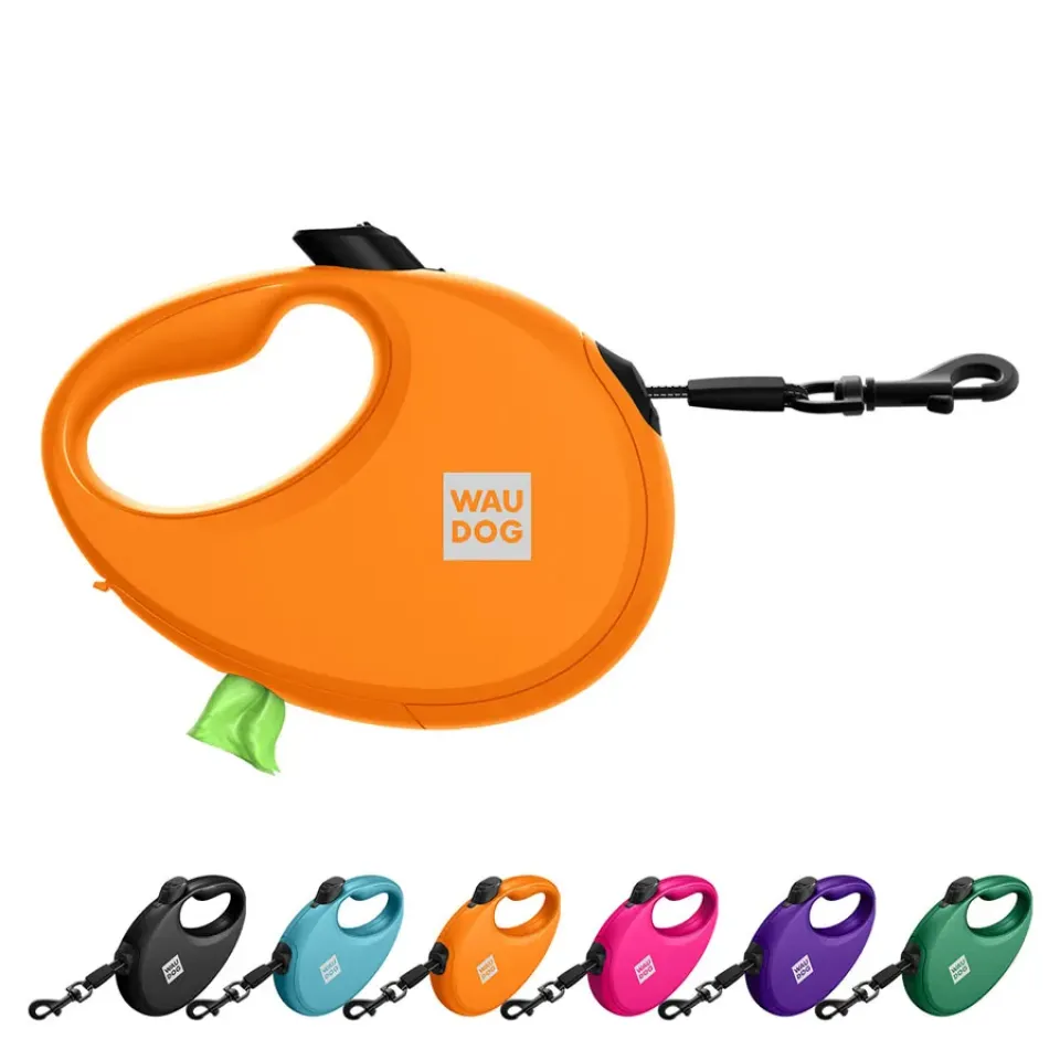 Фото Повідець-рулетка для собак WAUDOG R-leash з контейнером для пакетів, світловідбивна стрічка, S, до 12 кг, 3 м, помаранчевий купити за ціною ₴636.00