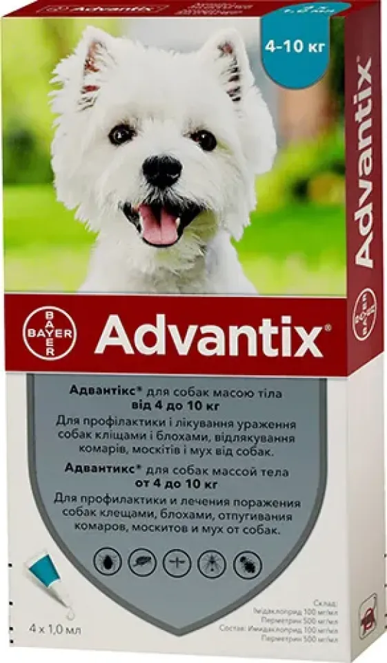 Фото Краплі бліх, кліщів і комарів Адвантікс Advantix Spot-On для собак 4-10 кг, 1 піпетка купити за ціною ₴362.00