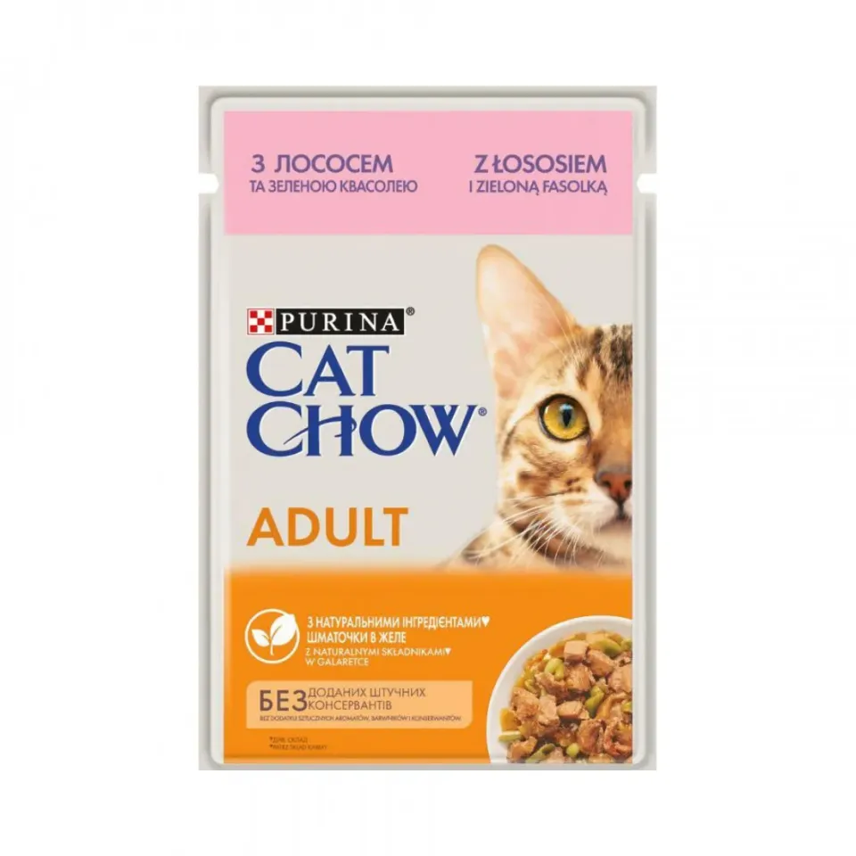 Фото Кет чау CAT CHOW ADULT для дорослих котів з лососем та зеленою квасолею в желе, 85г купити за ціною ₴18.00