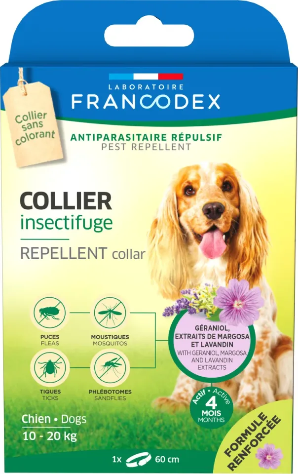 Фото LABORATOIRE FRANCODEX Repellent Collar Лаборатуар Франкодекс Нашийник  з репелентною дією  від бліх і кліщів для собак середніх порід (вагою 10-20 кг) з гераніолом, 60 см купити за ціною ₴270.00