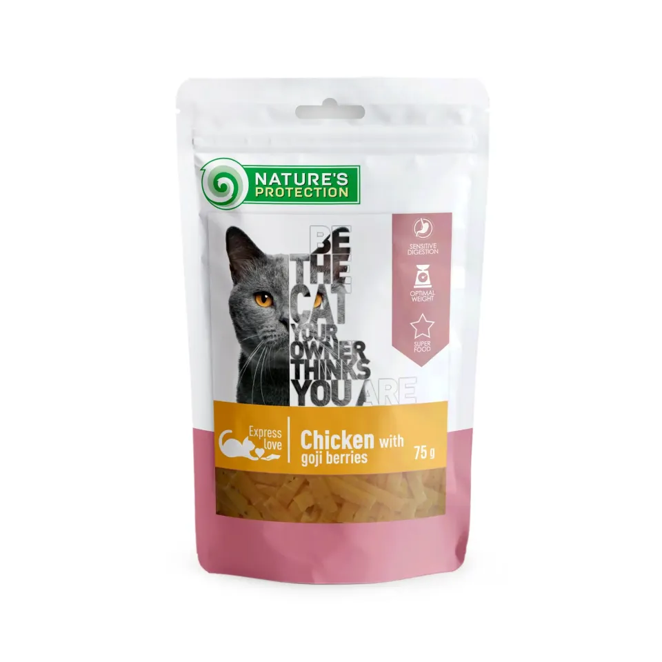 Фото Ласощі для котів, снеки з курки з ягодами годжі, Nature's Protection snack for cats with chicken and goji berrie купити за ціною ₴189.00