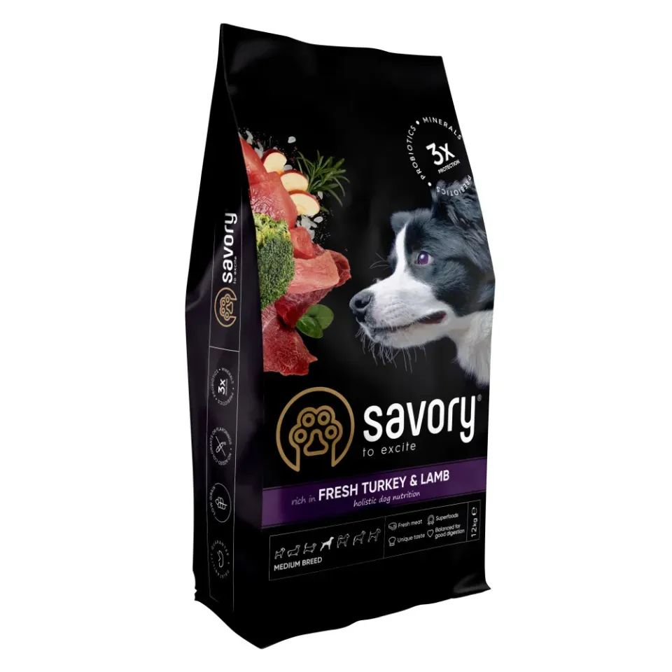 Фото Savory Medium Breed rich in Fresh Turkey & Lamb сухий для собак середніх порід зі свіжим ягням та індичкою 12кг купити за ціною ₴3647.35