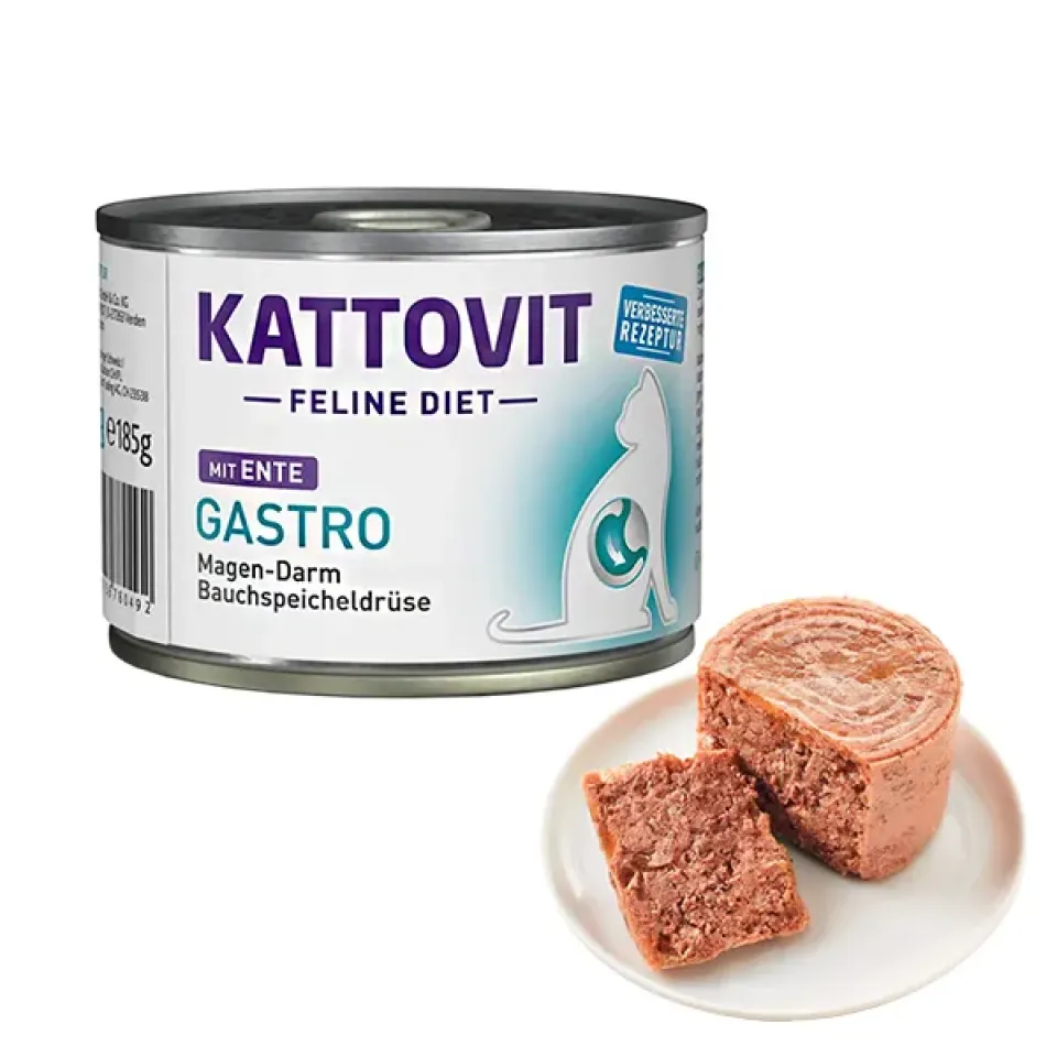 Фото Kattovit Veterinary Gastro Duck КАТТОВІТ ГАСТРО КАЧКА повнораціонний беззерновий вологий лікувальний корм для котів із захворюваннями шлунково-кишкового тракту та підшлункової залози, банка 185г купити за ціною ₴115.00