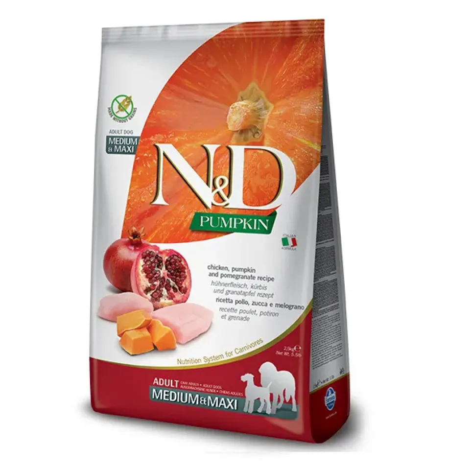 Фото Корм для собак Фарміна з куркою N&D Grain Free PUMPKIN CHICKEN & POMEGRANATE ADULT MEDIUM & MAXI купити за ціною ₴1298.00