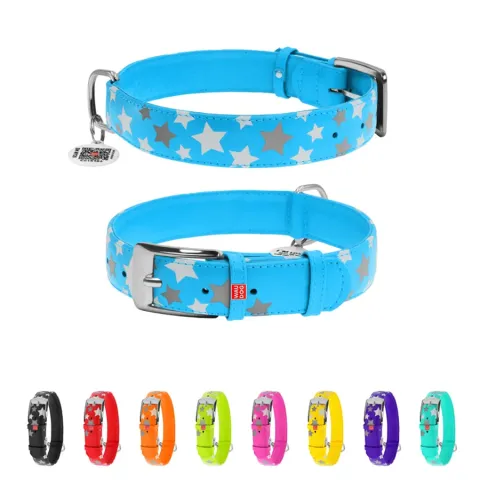 Нашийник для собак шкіряний WAUDOG Glamour з QR паспортом, візерунок "Зірочка", світонакоплювальний, Ш 35 мм, Дов 46-60 см блакитний купити за ціною ₴1002.60