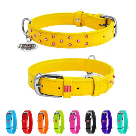 Нашийник для собак шкіряний WAUDOG Glamour з QR паспортом, з клейовими стразами, Ш 20 мм, Дов 30-39 см жовтий купити за ціною ₴393.30