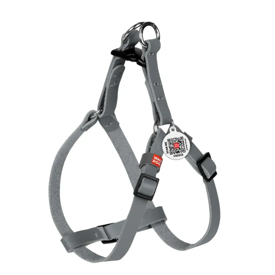 Фото Шлея котів та дрібних собак шкіряна WAUDOG Classic з QR паспортом, пластиковий фастекс, XS, Ш 10 мм, В=С 28-40 см сірий купити за ціною ₴410.00