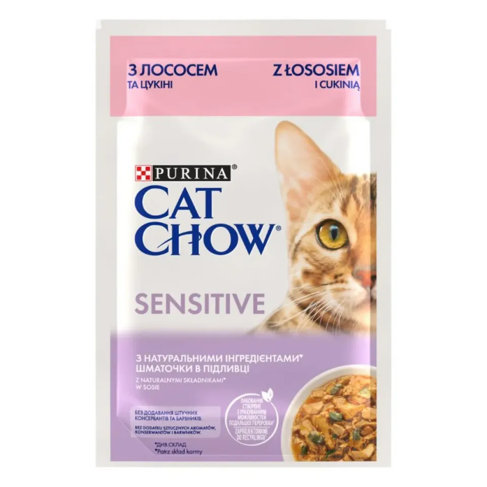 Фото Кет чау CAT CHOW Sensetiveдля чутливого травлення, з лососем та цукіні в желе, 85г купити за ціною ₴18.00