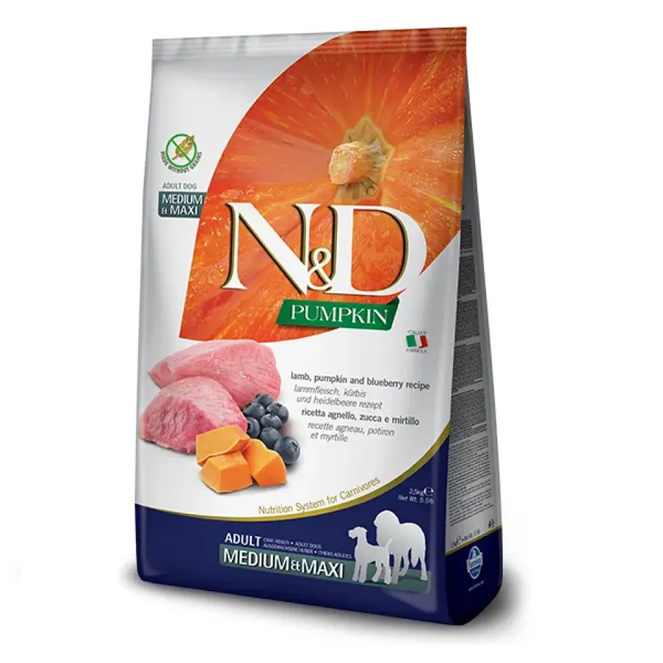 Фото Фарміна Корм сухий для собак N&D Grain Free PUMPKIN LAMB & BLUEBERRY ADULT MEDIUM & MAXI з ягням купити за ціною ₴4597.00