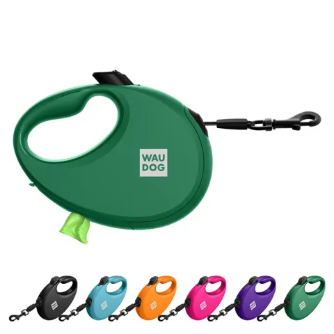 Повідець-рулетка для собак WAUDOG R-leash з контейнером для пакетів, світловідбивна стрічка, M, до 20 кг, 5 м, зелений купити за ціною ₴658.00