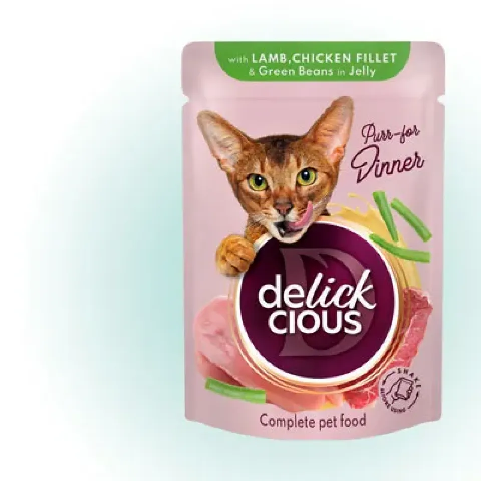 Фото Вологий корм для котів Delickcious з ягням, куркою та спаржою, 85 г купити за ціною ₴28.00