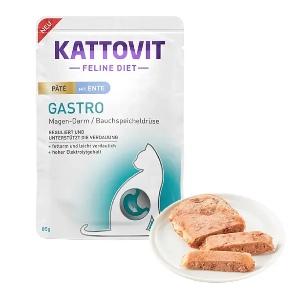 Фото Kattovit Veterinary Gastro Duck Pate КАТТОВІТ ГАСТРО КАЧКА паштет повнораціонний вологий лікувальний корм для котів із захворюваннями шлунково-кишкового тракту та підшлункової залози, пауч 85г купити за ціною ₴72.00