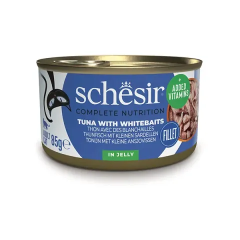 Schesir Tuna Whitebaits ШЕЗІР ТУНЕЦЬ З АНЧОУСАМИ в желе натуральні консерви для котів, вологий корм, банка 85г купити за ціною ₴105.00