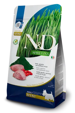 Фарміна дог сухий N&D SPIRULINA LAMB ADULT MINI з ягням, спіруліною та ягодами годжі, 2 kg, купити за ціною ₴1620.00