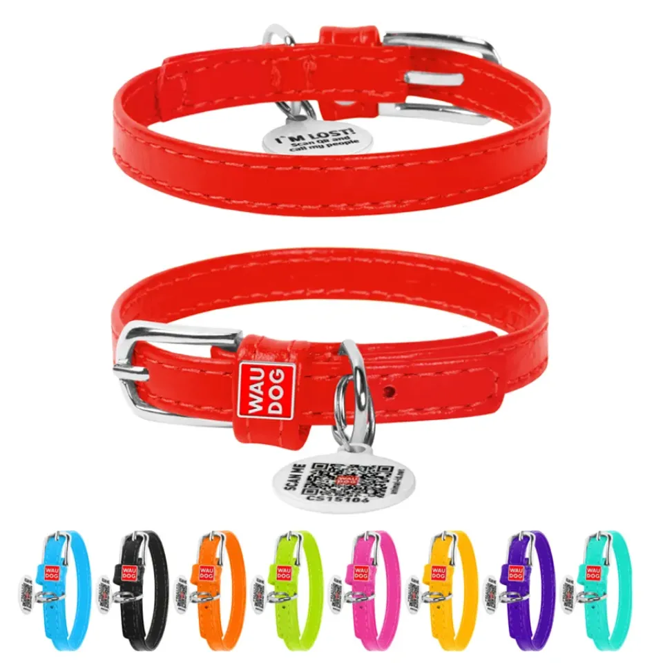 Фото Нашийник для собак шкіряний WAUDOG Glamour з QR паспортом, без прикрас, Ш 9 мм, Дов 18-21 см червоний купити за ціною ₴190.80