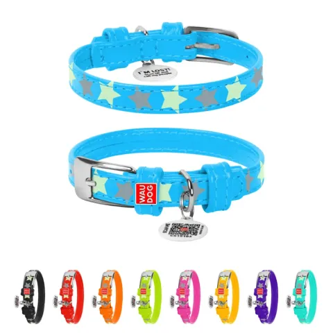Нашийник для собак шкіряний WAUDOG Glamour з QR паспортом, візерунок "Зірочка", світонакоплювальний, Ш 12 мм, Дов 19-25 см блакитний купити за ціною ₴247.50