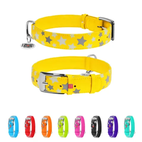 Нашийник для собак шкіряний WAUDOG Glamour з QR паспортом, візерунок "Зірочка", світонакоплювальний, Ш 35 мм, Дов 46-60 см жовтий купити за ціною ₴858.60