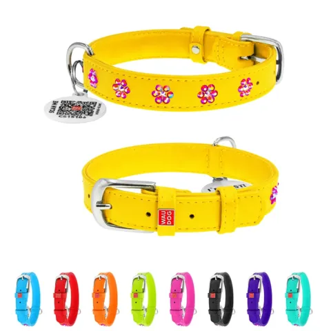 Нашийник для собак шкіряний WAUDOG Glamour з QR паспортом, з клейовими стразами "Квіти", Ш 20 мм, Дов 30-39 см купити за ціною ₴406.80