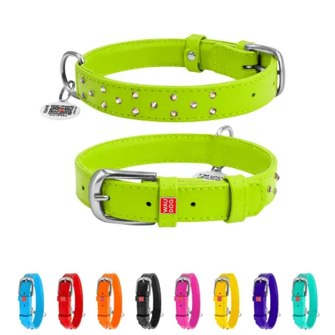 Нашийник для собак шкіряний WAUDOG Glamour з QR паспортом, з клейовими стразами, Ш 25 мм, Дов 38-49 см салатовий купити за ціною ₴633.60