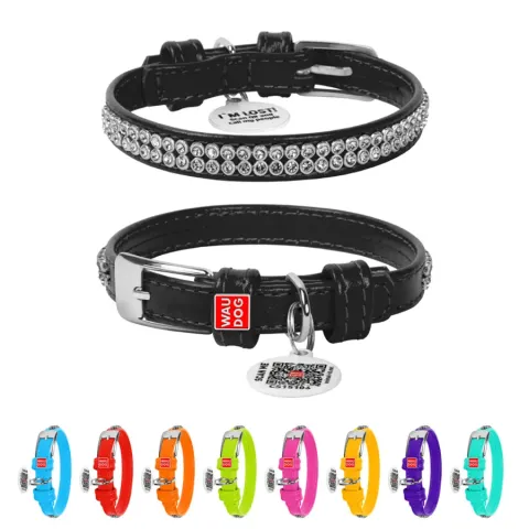 Нашийник для собак шкіряний WAUDOG Glamour з QR паспортом, з прикрасою "Полотно стрази", Ш 12 мм, Дов 21-29 см чорний купити за ціною ₴275.40