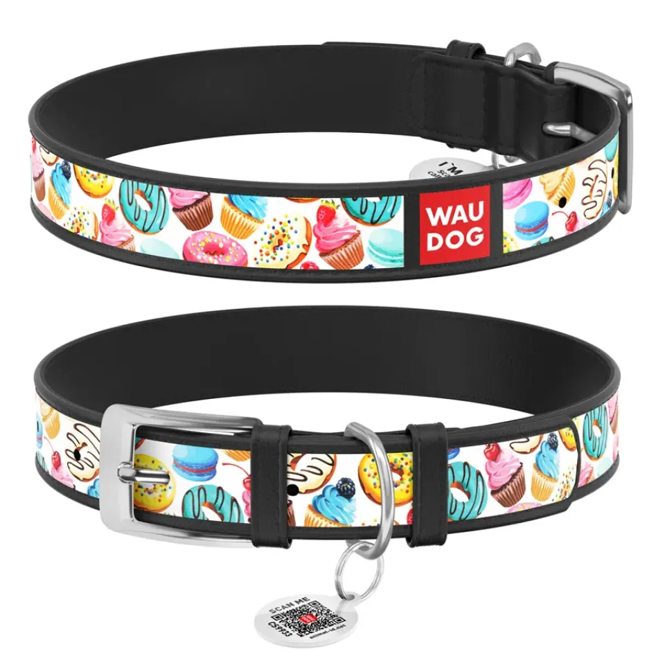 Фото Нашийник для собак шкіряний WAUDOG Design з QR паспортом, малюнок "Пончики", XL, Ш 35 мм, Дов 46-59 см, чорний купити за ціною ₴573.60