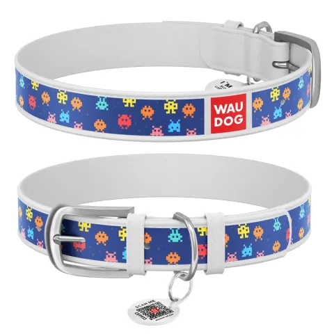 Нашийник WAUDOG Design з малюнком "Пікселі", преміум шкіра, металева пряжка (ширина 12 мм, довжина 21-29 см) білий купити за ціною ₴142.00
