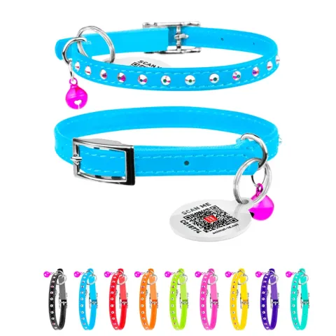 Нашийник WAUDOG Glamour з резинкою, клейовими стразами, для котів (ширина 9мм, довжина 22-30см) блакитний купити за ціною ₴208.80